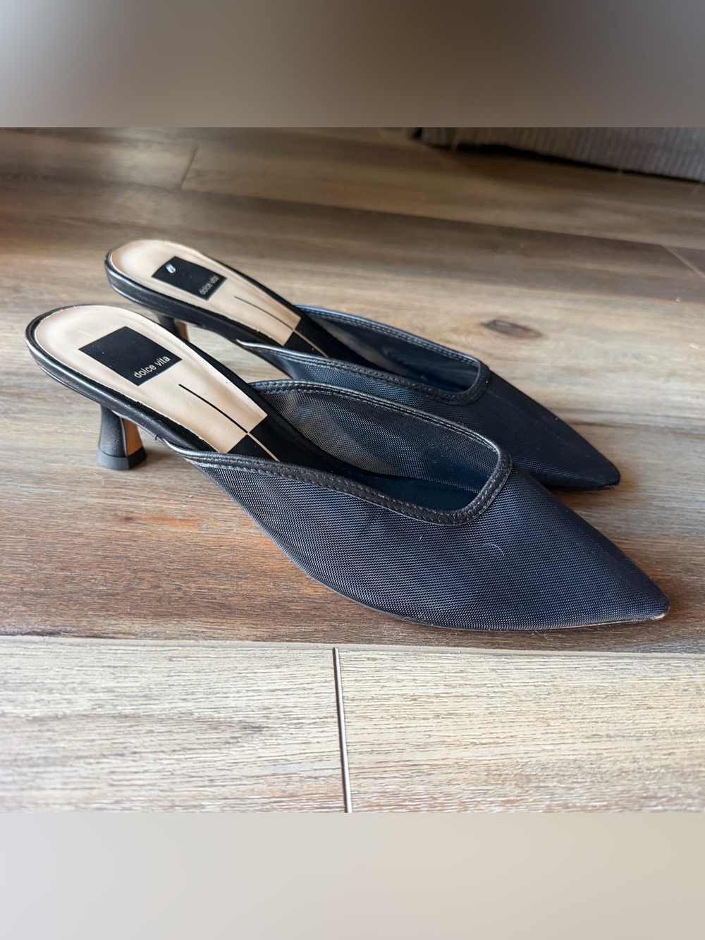 Dolce Vita Black Mesh Pointed Toe Kitten Heel Mules